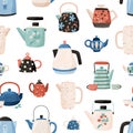Seamless pattern with teapots and cups hand drawn on white background. Kitchen crockery for wallpaper or wrapping