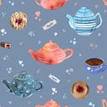 Seamless pattern with teapots, teacup and sweets. Perfect for cozy mood, home interior or scrapbooking