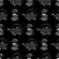Seamless pattern of teapots and teacups isolated on black background. Chinese seamless pattern of teapots and teacups collection Royalty Free Stock Photo