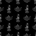 Seamless pattern of teapots and teacups isolated on black background. Chinese seamless pattern of teapots and teacups collection Royalty Free Stock Photo