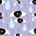 Seamless pattern of tear cry eyes on violet background. Isolated vector illustration. Two eyes with tears drop