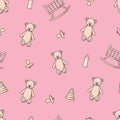 Seamless pattern teddy bear, cradle and rattles. Vector illustration background wallpaper concept of a newborn or small
