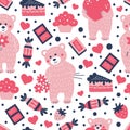 Seamless pattern of teddy bear and sweets. Background for Valentine\'s Day