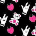 Seamless pattern with teddy bear toy, hand, heart. Black Emo Goth background. Gothic aesthetic in y2k, 90s, 00s and Royalty Free Stock Photo