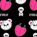 Seamless pattern with teddy bear toy, Skull, crossbones, heart. Black Emo Goth background. Gothic aesthetic in y2k, 90s Royalty Free Stock Photo