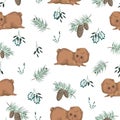Seamless pattern with teddy bear, tree branches, berries, cones and spruce. Cute cartoon characters.