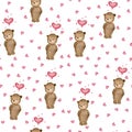 Seamless pattern with teddy bears and hearts, cute watercolor cartoon decoration, love concept Royalty Free Stock Photo