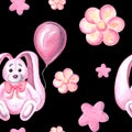 Seamless pattern of teddy bunny with pink balloon, stars and flowers Watercolor hand drawn illustration for various