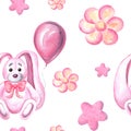 Seamless pattern of teddy bunny with pink balloon, stars and flowers Watercolor hand drawn illustration for various