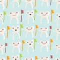 Seamless pattern with funny teeth with toothbrushes on a blue background