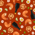 Seamless pattern with tempura shrimp, soy sauce, narutomaki, eggs, lime, lotus root. Vector graphics Royalty Free Stock Photo
