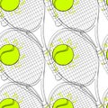 Seamless pattern with tennis, rackets, ball. Hand drawn, drawing paper, design background, backdrop. Sport inventory for Royalty Free Stock Photo