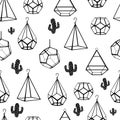 Seamless pattern. Terrarium and cactus. Vector. Concept of black cactuses with terrariums on white background. Royalty Free Stock Photo
