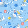 Seamless pattern with test tubes, microscopes and syringes. Epidemic, virology.