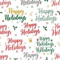 Seamless pattern with the text happy holidays in various festive colors snowflakes and gift boxes on a white background Royalty Free Stock Photo