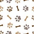 Seamless pattern for textile design. Brown doodle paw print and bones pattern light brown