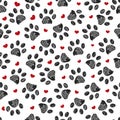 Seamless Pattern For Textile Design. Seamless Doodle Black Paw Prints With Red Heart Pattern