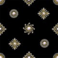 Seamless pattern from textile embroidered patches with sequins, beads and pearls. Vector illustration.