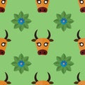 Seamless pattern for textiles with cows and flowers on a light, green background. Vector illustration in flat style Royalty Free Stock Photo