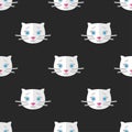 Seamless pattern for textiles with cute white kittens on a dark background. Vector illustration in flat style