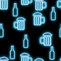 Seamless pattern, texture abstract neon bright glowing flashing blue from icons for bar from bottles and glasses of craft beer Royalty Free Stock Photo