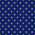 Seamless pattern, texture or background with silver gray and green polka dots on blue background