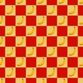 Seamless pattern and texture. Bananas on a yellow-red background. Image for design, project, postcard. Ripe fruits on colorful