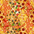 Seamless pattern with texture of different pizza.