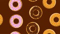 Seamless pattern, texture from different round sweet flour tasty fresh hot donuts, pastries, sugar-coated cookies in chocolate