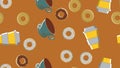 Seamless pattern, texture  donuts of hot sugary caramel chocolate and a cup of hot quick strong morning coffee Royalty Free Stock Photo