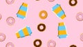 Seamless pattern, texture of different round sweet tasty hot donuts with sugar in caramel chocolate and a cup of hot, coffee