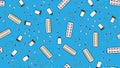 Seamless pattern texture repetitive medicine tablets pills dragee capsules records cans of packs with medicines vitamins drugs