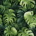 seamless pattern texture with green monstera leaves on tropical forest jungle background. Hawaiian ornament for fabric