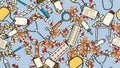 Seamless pattern texture of medicine items icons pricks pills pipettes stethoscopes tools doctor flasks capsules cans syringes