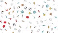 Seamless pattern texture of medicine items icons pricks pills pipettes stethoscopes tools doctor flasks capsules cans syringes