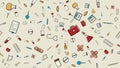 Seamless pattern texture of medicine items icons pricks pills pipettes stethoscopes tools doctor flasks capsules syringe cans