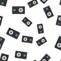 Seamless pattern, texture of modern musical black speakers for playing music tracks, melodies, technology isolated