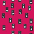 Seamless pattern, texture of modern musical black speakers for playing music tracks, tunes, technology isolated on a purple
