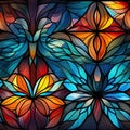 seamless pattern with the texture of multicolored floral stained glass window on background with flowers
