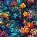 seamless pattern with the texture of multicolored floral stained glass window on background with flowers Royalty Free Stock Photo