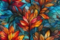 seamless pattern with the texture of multicolored floral stained glass window on background with flowers