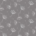 Seamless pattern texture with outline dandelions on gray background.