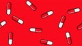 Seamless pattern texture of red oval white and red medical pharmaceutical pills capsules with medication, drugs, vitamins