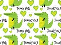 Seamless pattern with Thank You text and heart shape and crocodile. Cute cartoon character for Thank you day card Royalty Free Stock Photo