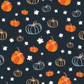 Seamless pattern for thanksgiving celebration. Vector of hand drawn illustration with ripe pumpkin and white maple leaves on