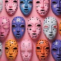 Seamless pattern with theatrical masks on pink background. 3d illustration Royalty Free Stock Photo