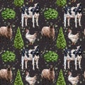 Seamless pattern of their farm sheep and cows. Simple rural life on pasture, farm animals, nature and plants. Provincial style. Royalty Free Stock Photo