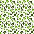 Seamless pattern on the theme of biodiesel, fuel in green colors. Green leaves with drops on white. Flat vector