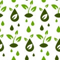 Seamless pattern on the theme of biodiesel, fuel in green colors. Plants, drop, drop with a leaf on white. Flat vector