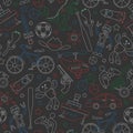 Seamless illustration on the theme of childhood and toys, toys for boys, outlines icons painted with colored chalks on the dark